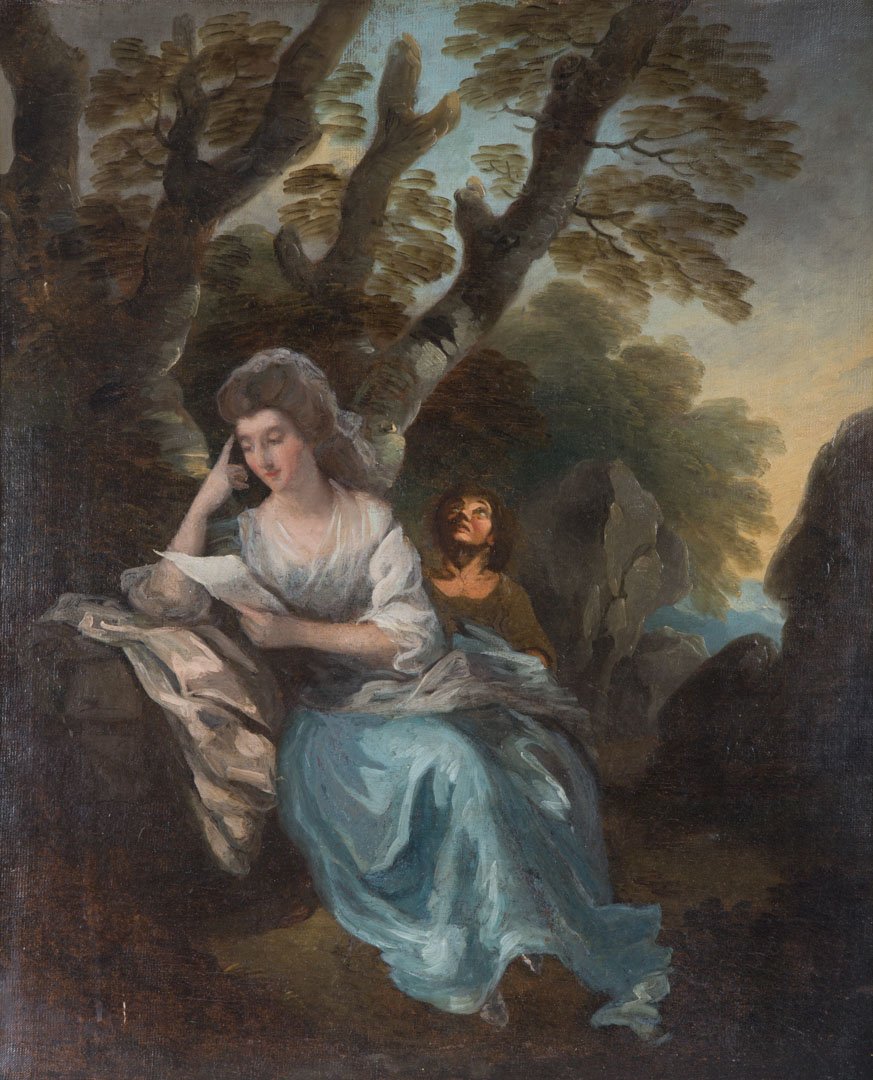 Follower of Thomas Gainsborough, oil on canvas: Late 18th-early19th century. Young Woman Reading, unsigned," 30 x 24 1/2 in., framed.; Inscription adhered to verso "This painting belongs to Mrs. Joan R. Bleest, Thomas Young Sr.