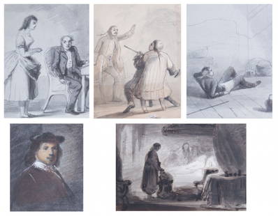 Alfred Jacob Miller. Five unframed drawings: (American, 1810-1874). 1) "Figures Grouped Around One in Bed [after Rembrandt]," ink wash on paper, unsigned, 3 7/8 x 5 9/16 in. 2) "Rembrandt," pastel on paper, unsigned, 4 3/16 x 3 1/2 in. 3) "Man L