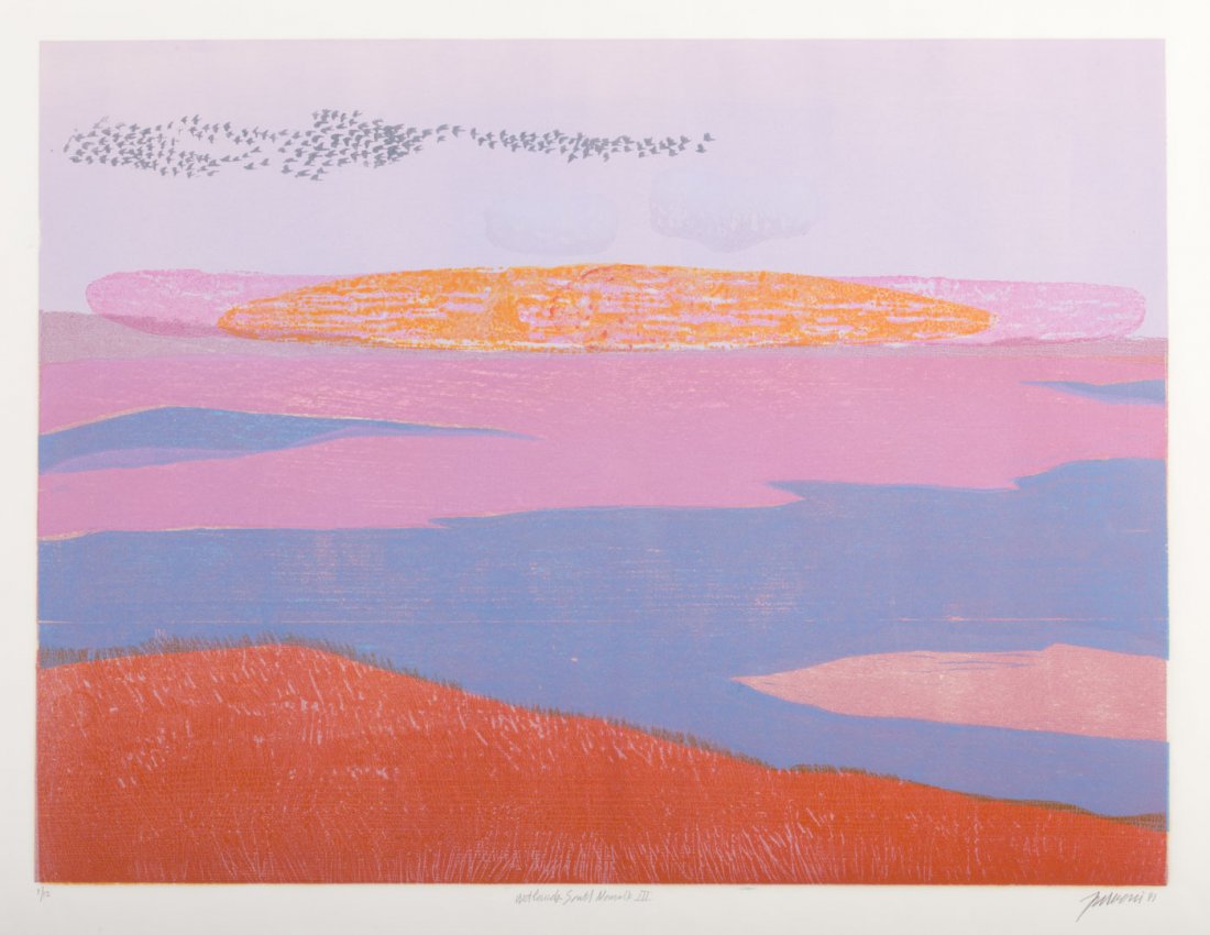 Antonio Frasconi. "Wetlands...," woodcut: (American, 1919-2013). "Wetlands, South Norwalk III," color woodcut, signed "Frasconi" lr, 22 1/4 x 29 3/4 in., framed