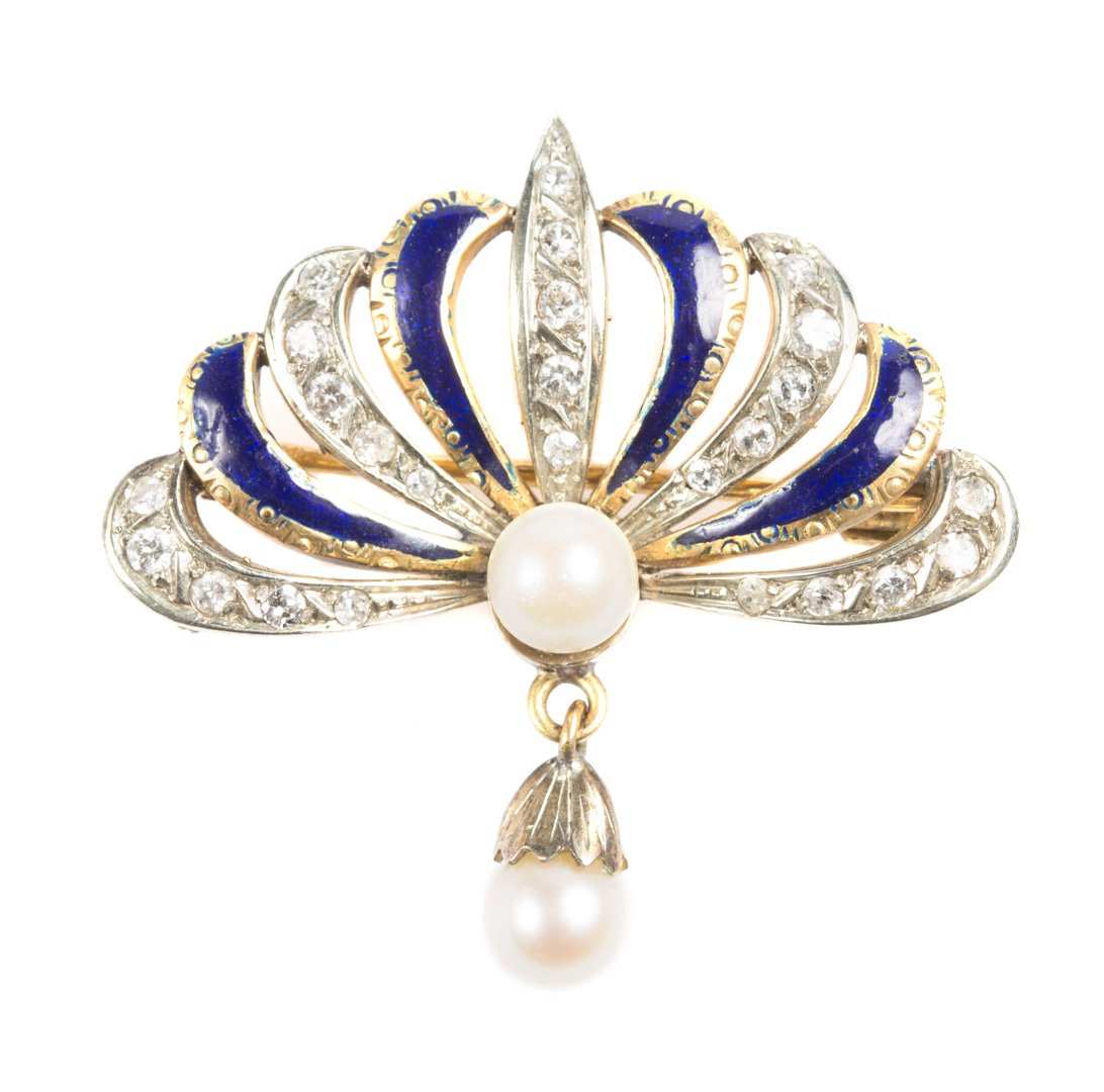 A Blue Enamel, Diamond and Pearl Brooch (1 of 5)