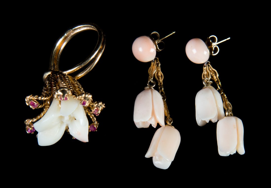A Gold Coral Ring and Ear Pendants (1 of 4)