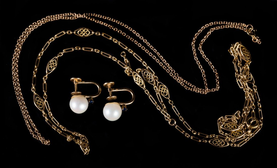 Two 14K Yellow Gold Chains and Pearl Earrings (1 of 4)