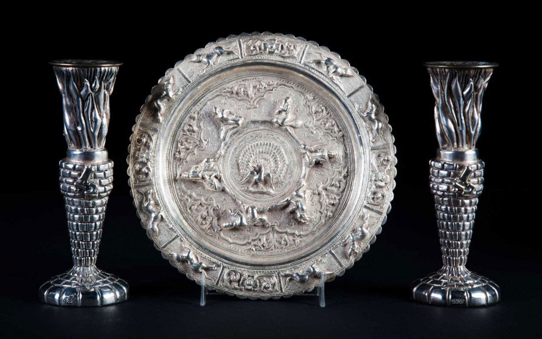 Continental sterling candlesticks & a figural dish (1 of 8)