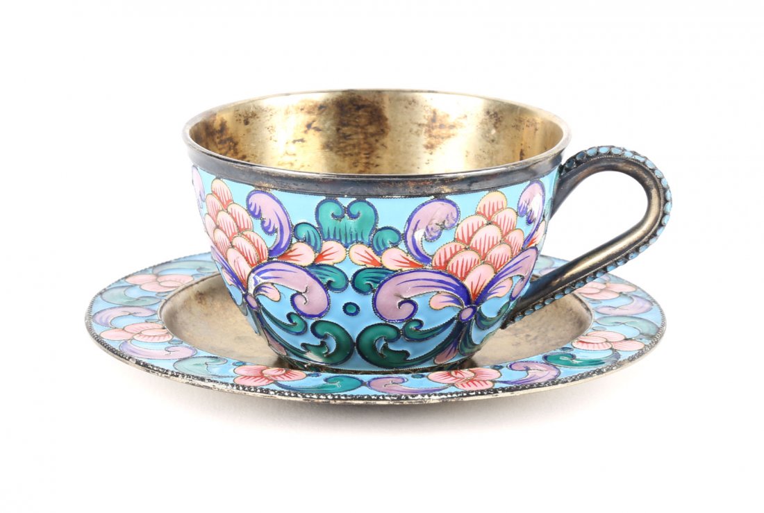 Russian cloisonne enamel silver gilt cup & saucer (1 of 7)