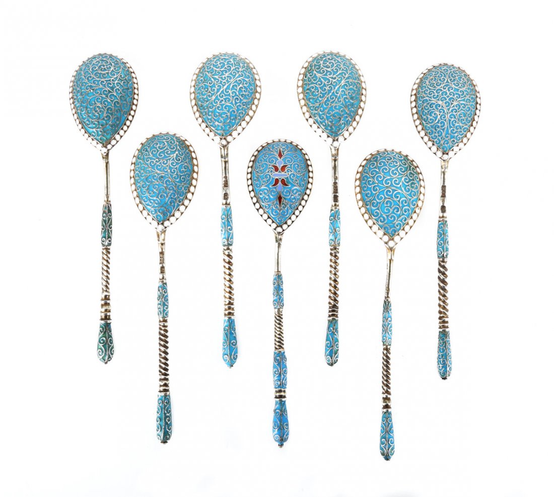 Russian cloisonne enamel silver-gilt coffee spoons (1 of 6)