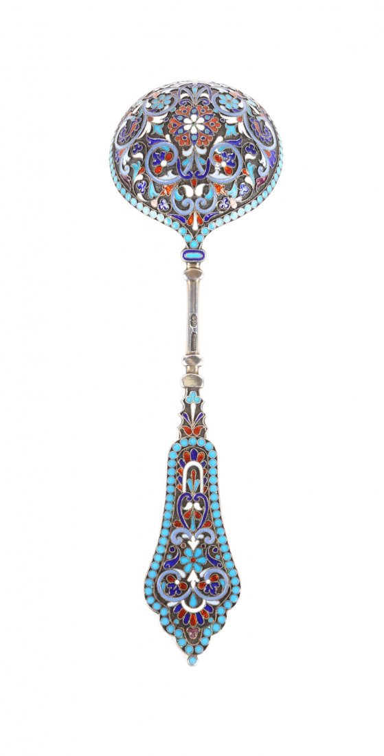 Russian cloisonne enamel silver-gilt spoon (1 of 6)