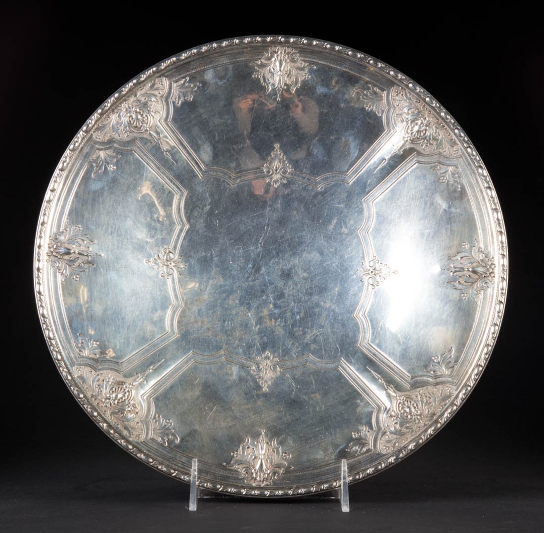 Watson "Navarre" sterling silver compote: Circa 1908, retailed by Black, Starr & Frost, New York, 12 in. Diam., 18.65 ozt.