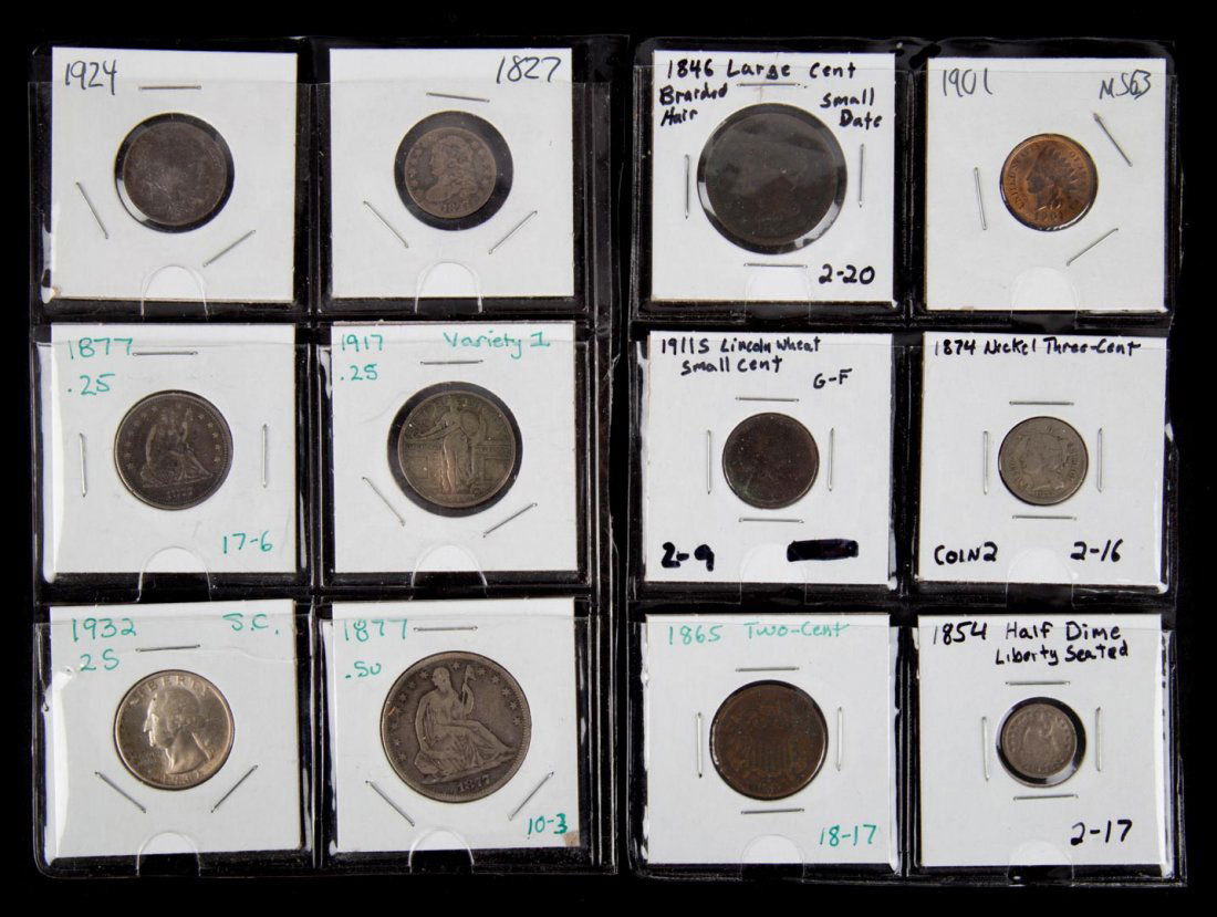 [US] US Type Coin Collection: 12 coins: 1846 Large Cent VG, 1901 Indian Cent MS63, 1911-S Lincoln G, 1874 3 Cent Nickel G, 1865 2 Cent VG, 1854 1/2 dime G, 1924 Buffalo, 1827 Dime, 1877 Quarter VF, 1917 Ty 1 Quarter XF, 1877 Half
