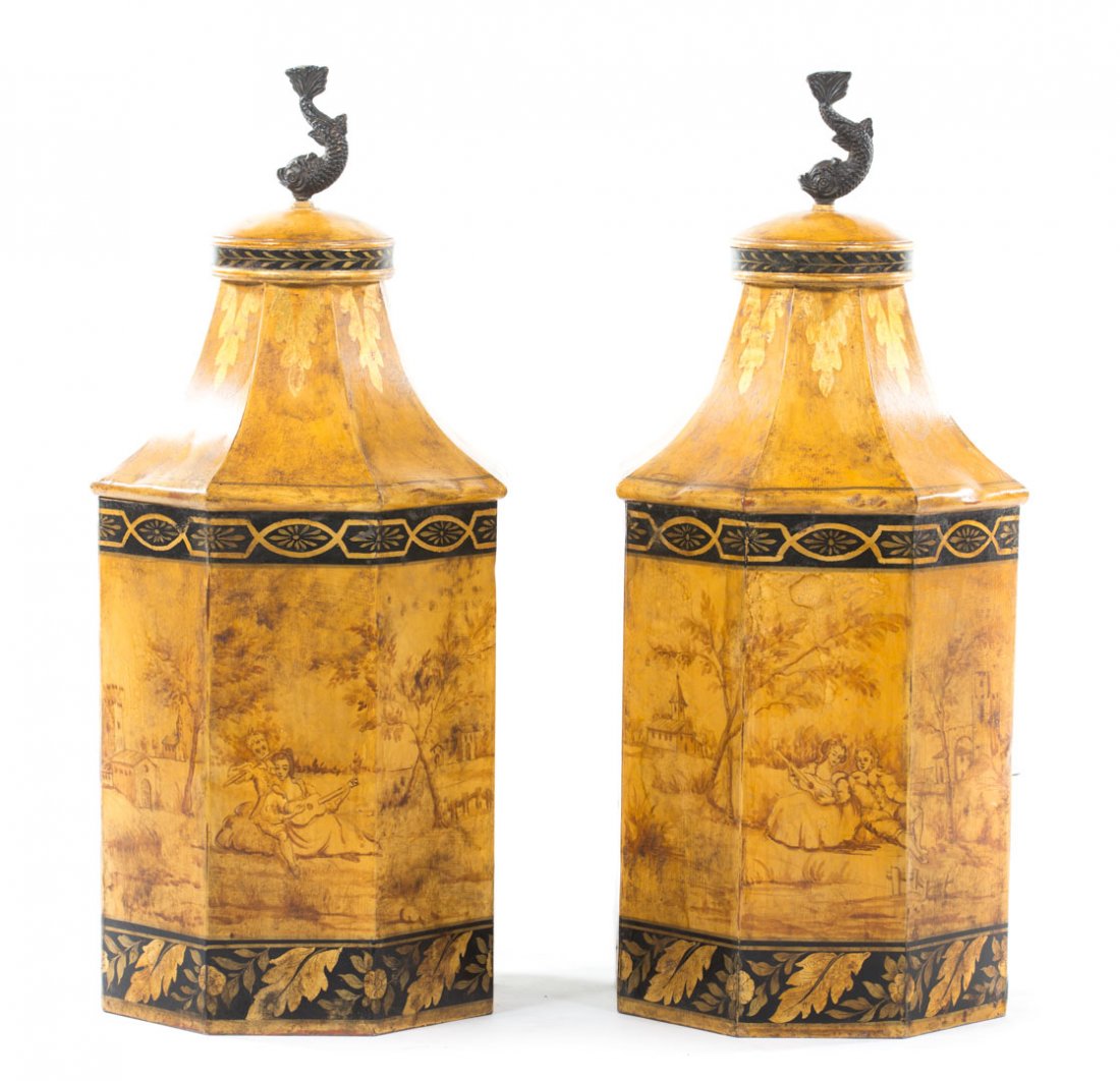 Pair French chinoiserie style toleware canisters (1 of 5)