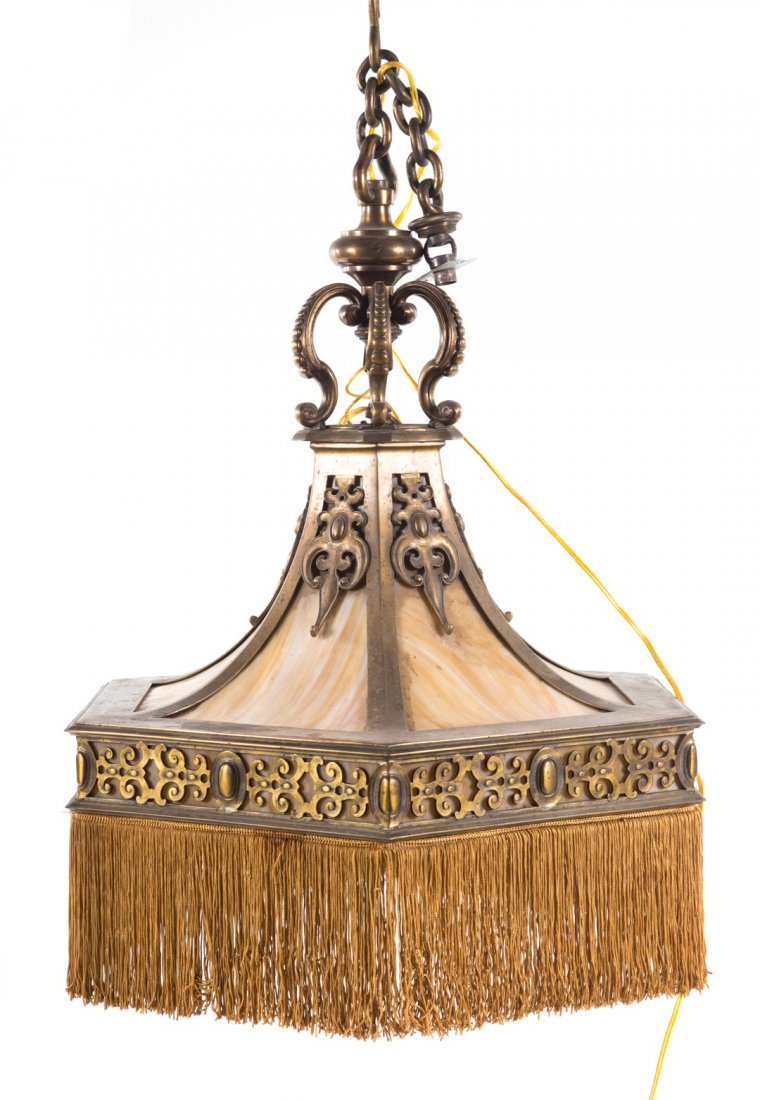 Victorian brass and slag glass chandelier (1 of 6)