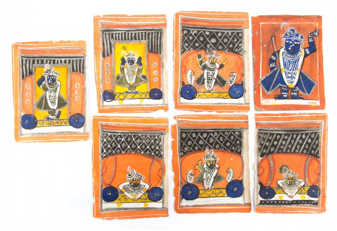 Seven Mughal miniature gouaches: 19th century or earlier; ink and pigment on heavy cardboard, possibly playing cards, 3 x 2 3/4 in.