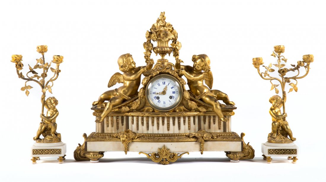 Louis XV style ormolu/marble clock garniture (1 of 6)