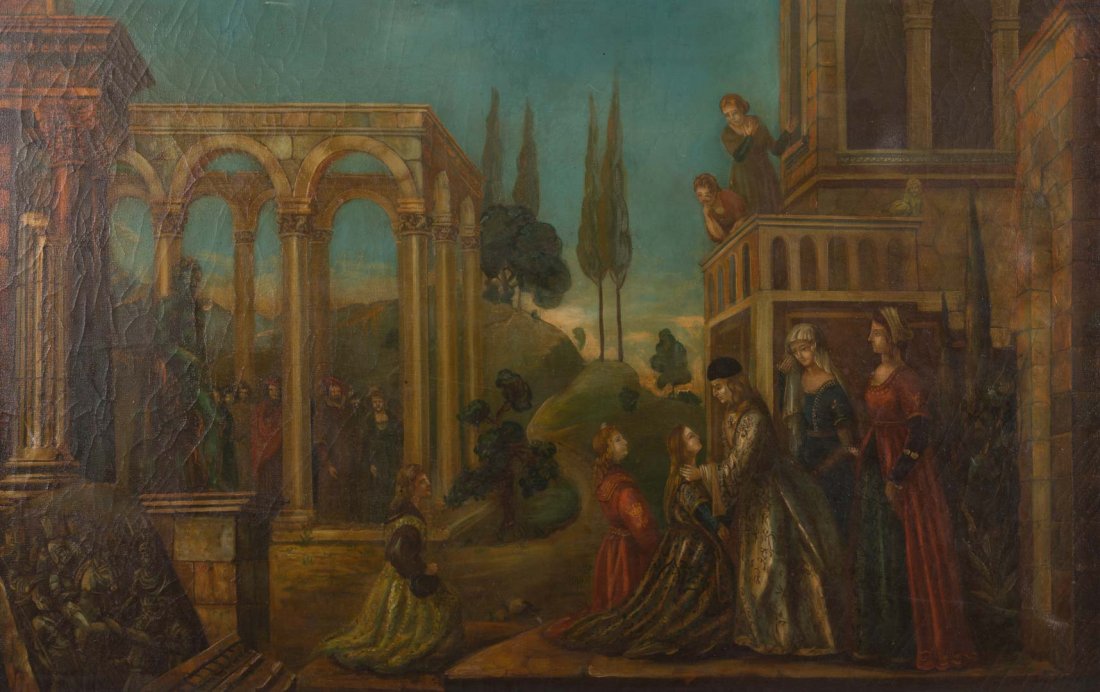 Manner of Carpaccio. Father Greeting Betrothed: Artist Unknown, early 20th century. Manner of Vittore Carpaccio (Italian, 1465-1525). Oil on canvas, unsigned, 40 x 60 in., framed