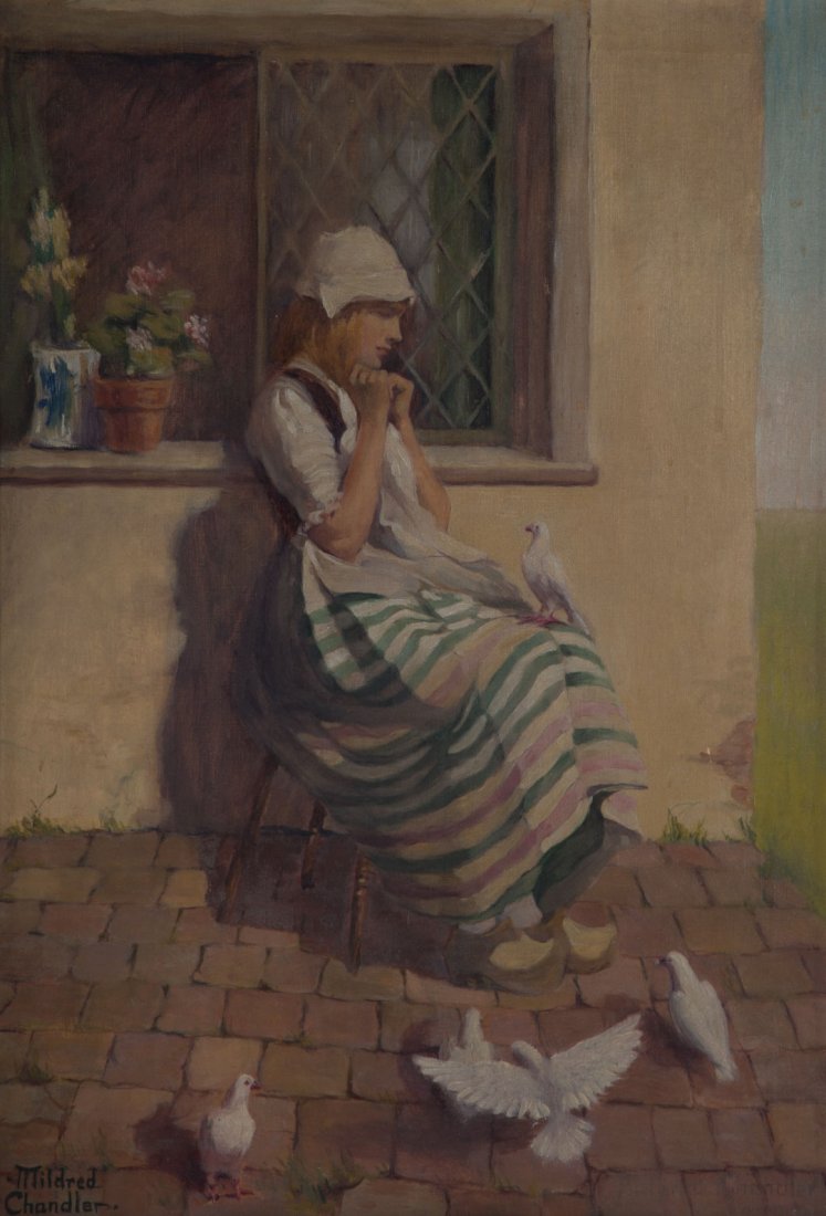 Mildred Chandler. Dutch Girl Feeding Pigeons, oil (1 of 5)