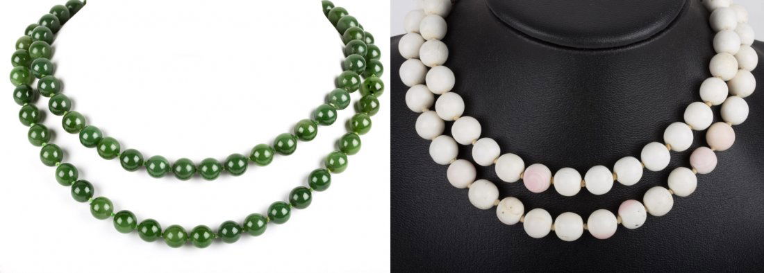 A Pair of Lady's Jade and Coral Beaded Necklaces (1 of 6)