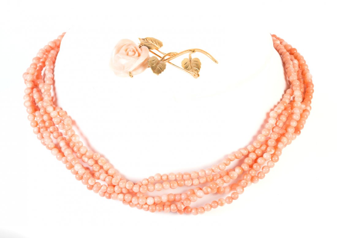 A Multi Strand Coral Necklace & Coral Pin (1 of 5)