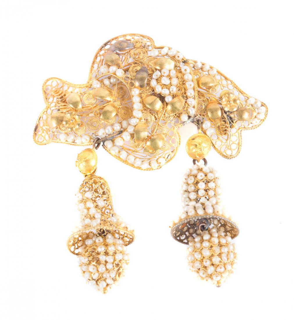 A Victorian Seed Pearl "Bow and Bell" Brooch (1 of 4)