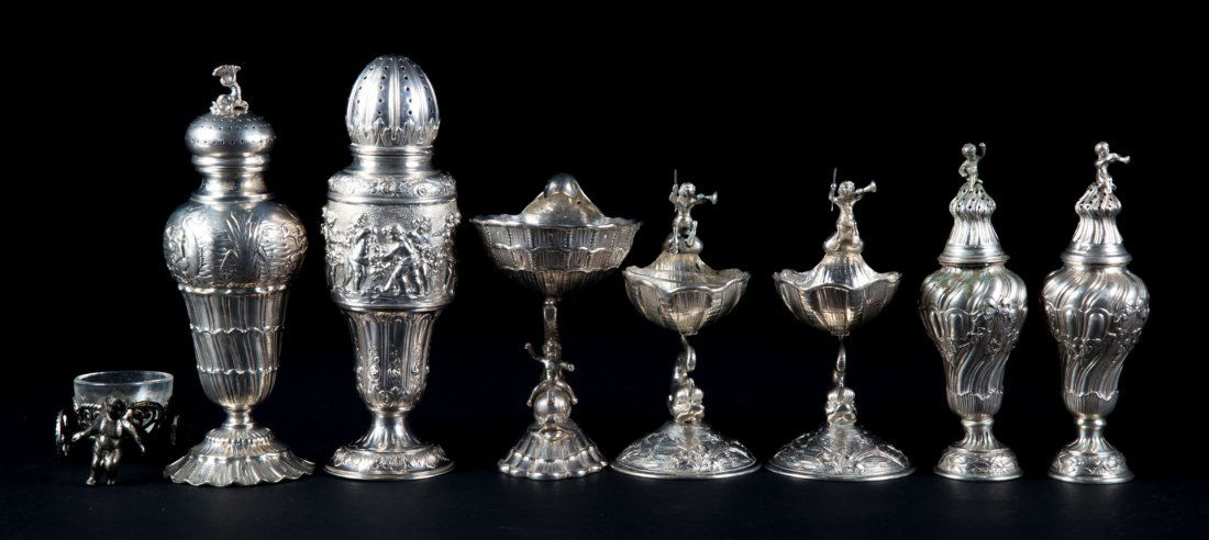 German silver master salts, peppers & muffineers (1 of 8)