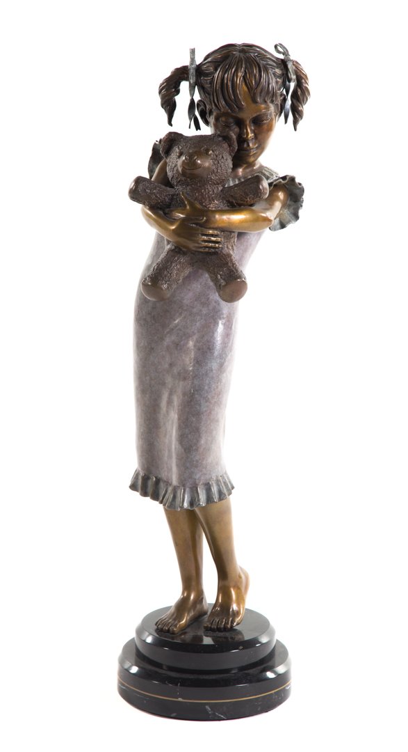 Contemporary bronze. Girl with Teddy Bear: painted and patinated figure of little girl cuddling her teddy bear, mounted on marble base, 27 in. H.