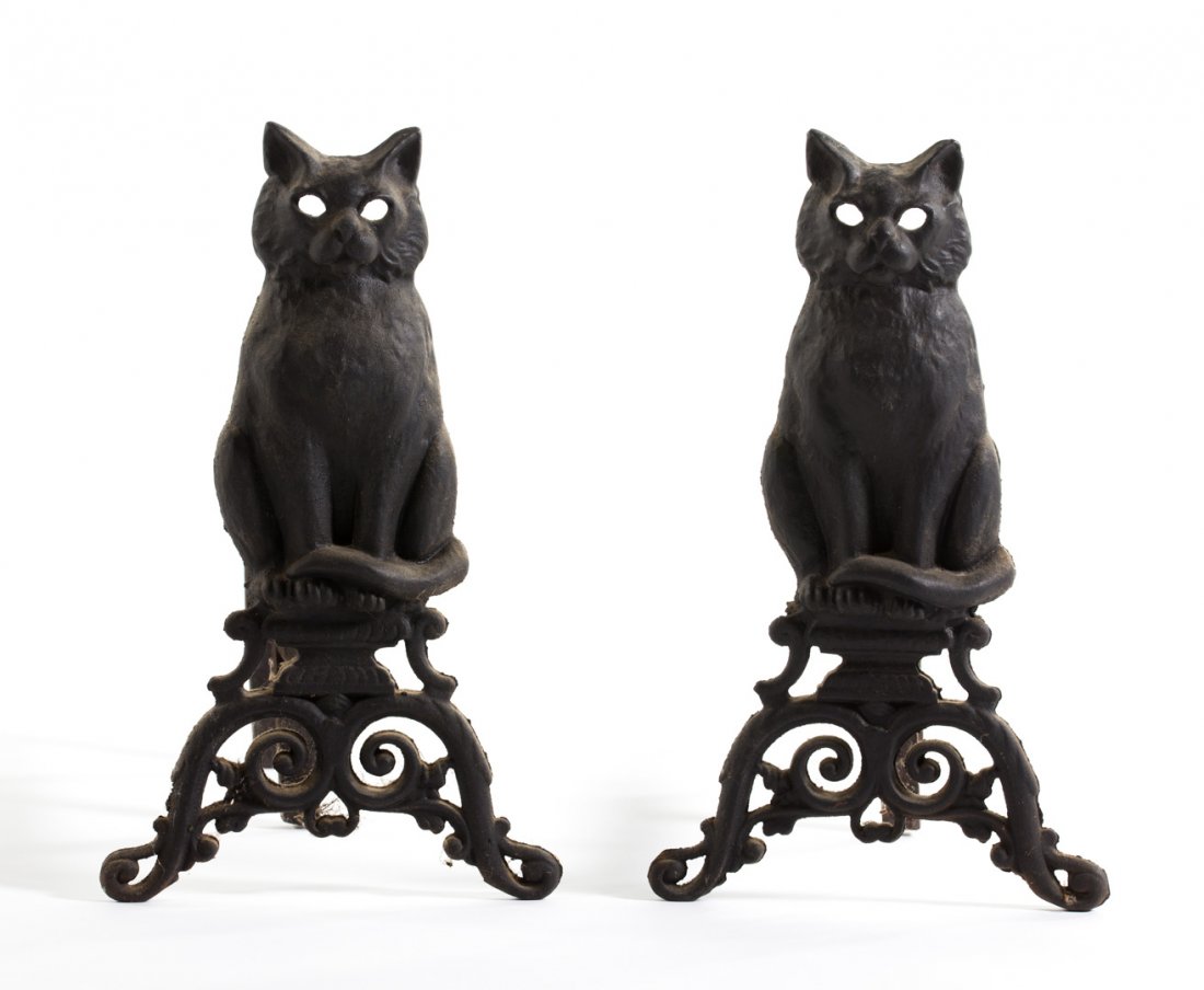 Pair black cat cast iron andirons (1 of 3)
