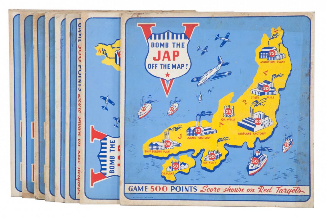Eight Bomb the Jap Off the Map games: circa 1943; produced by Faithorn Co., printed cardboard game, depicting world situation at time, 16 in. Sq.