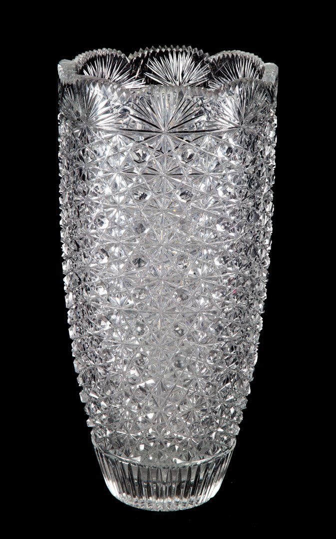 American cut glass vase: "Button and Daisy" pattern, 15 in. H.