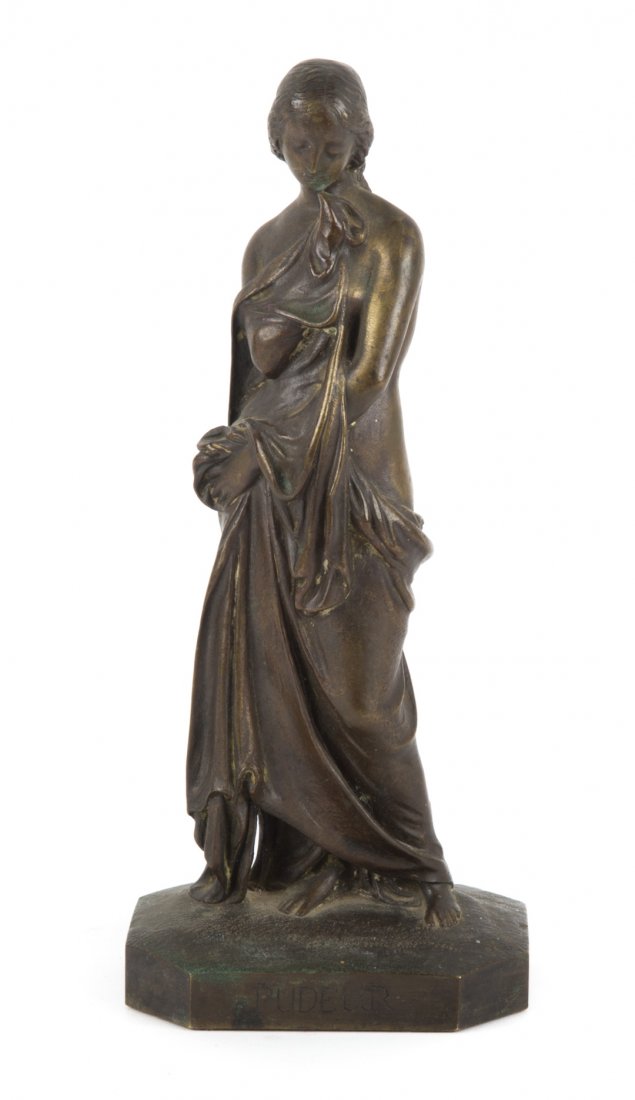 French School, 19th c. Pudeur bronze: modeled as classical half nude female, title impressed on edge, 10 in. H.