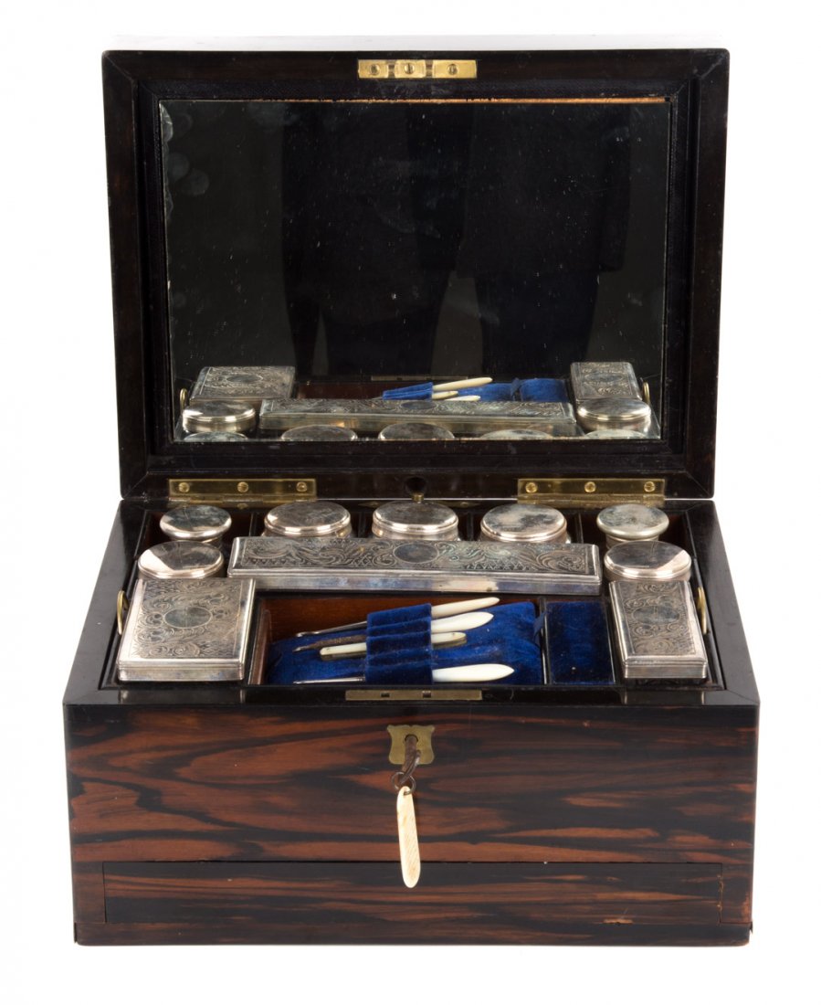 Edwardian zebra wood toiletry set (1 of 7)