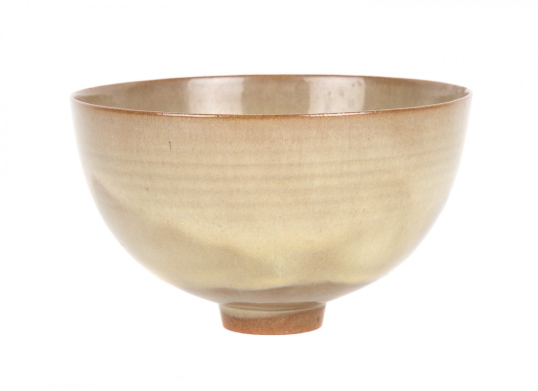 Gertrude & Otto Natzler ceramic bowl: circa 1940s; footed bowl with incised lines and brown and cream slip glaze decoration, signed in marker "Natzler," 3 1/4 in., 5 3/4 in. Diam.