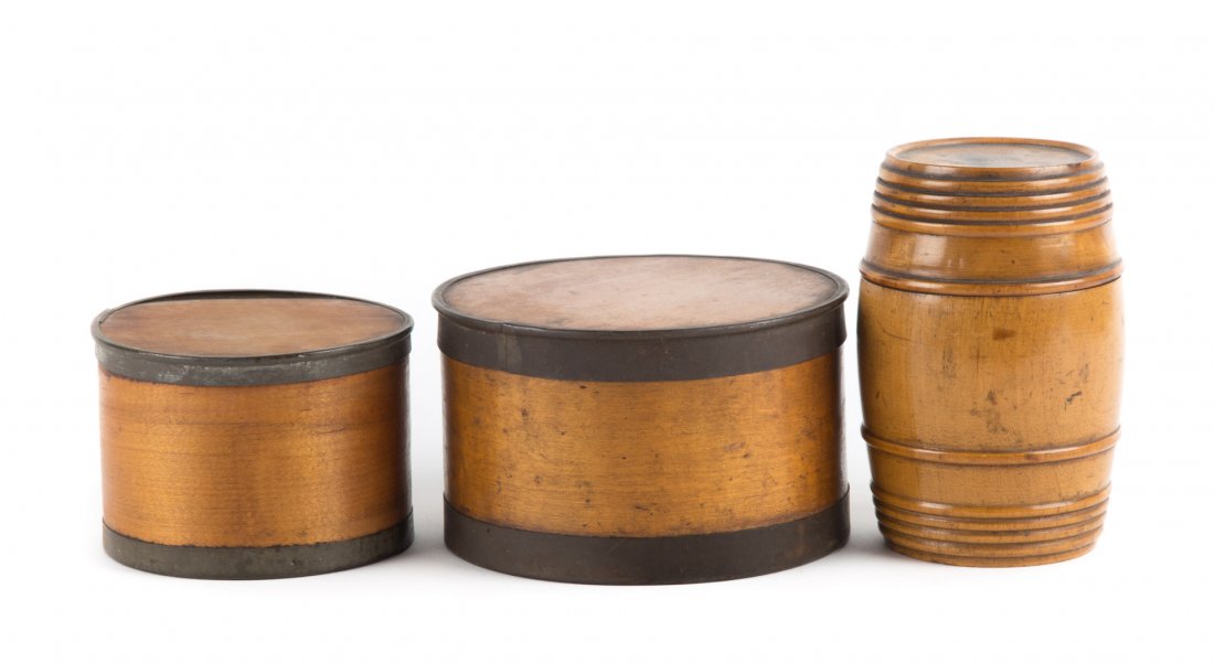 Two cylindrical storage boxes & treen ware box (1 of 4)