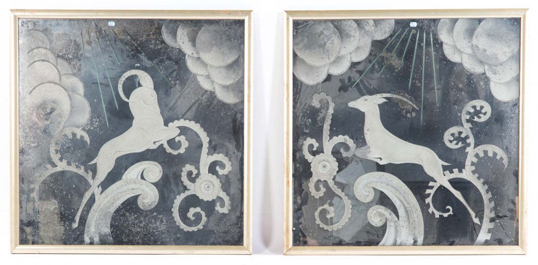 Pair Art Deco etched mirrored glass panels (1 of 3)