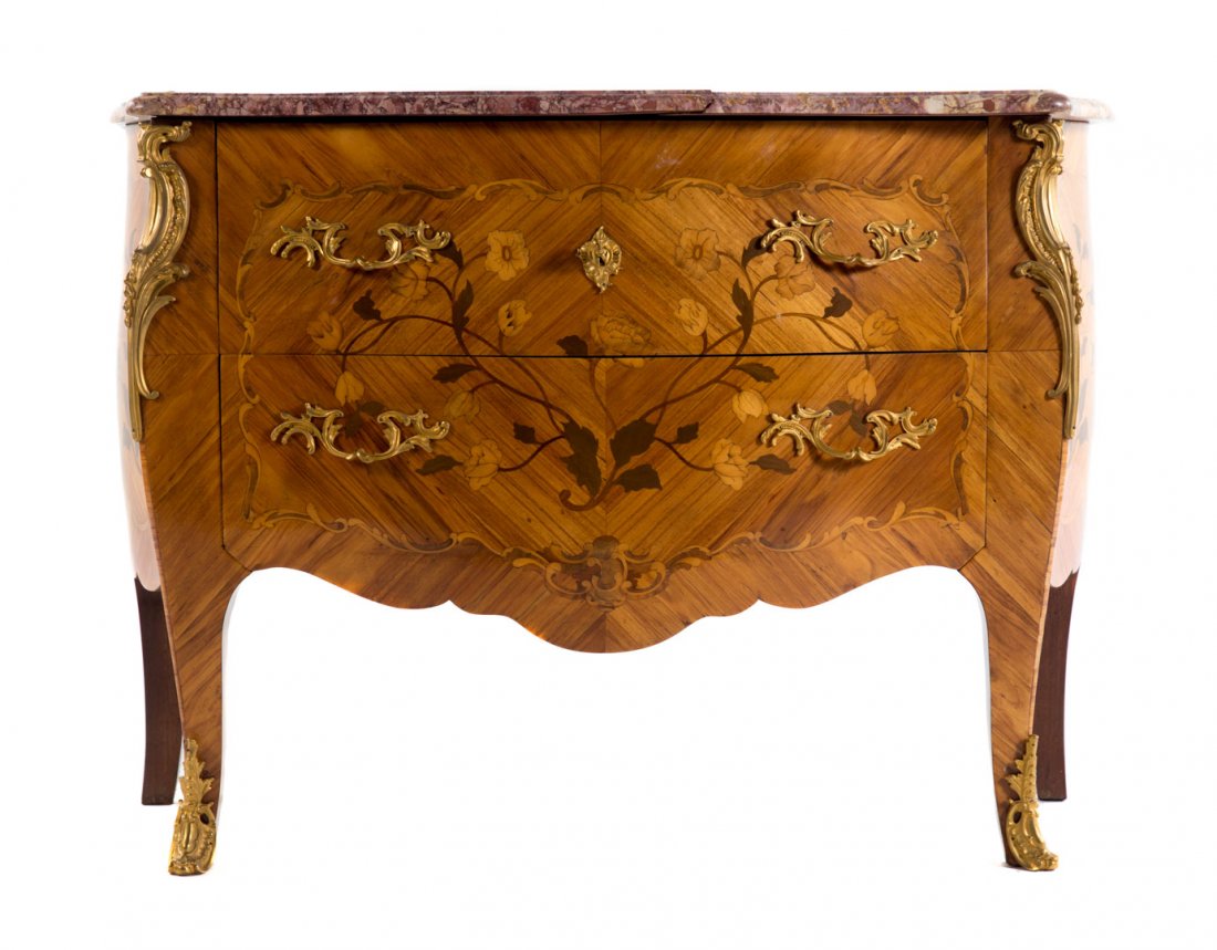 Louis XV style ormolu mounted marquetry commode (1 of 5)