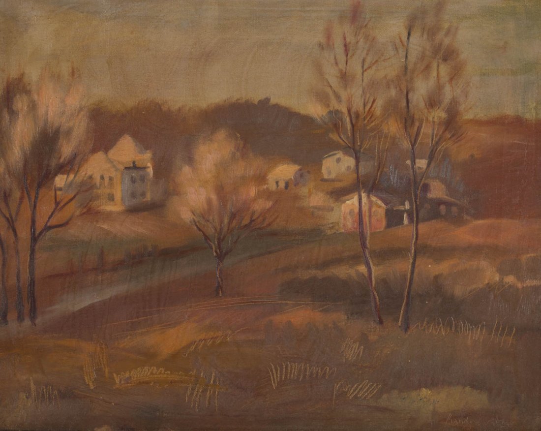 Peppino Mangravite. "Landscape," oil on canvas: (Italian, 1896-1978). Signed and dated "Mangravite, 1933" lr, signed on frame on verso, 16 x 20 in., framed