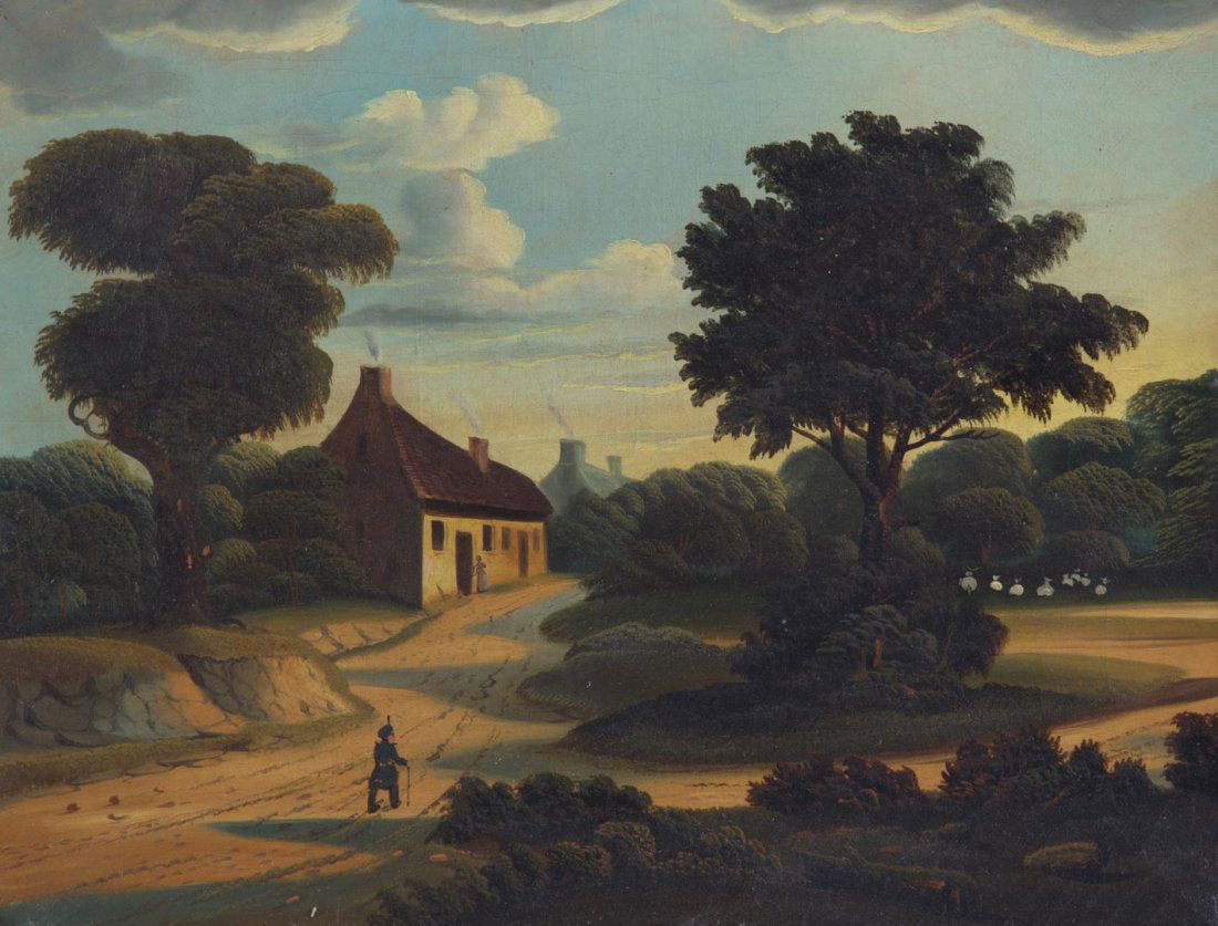 British School, 19th c. Country Village, oil: Oil on canvas, unsigned, 14 1/4 x 18 in., framed
