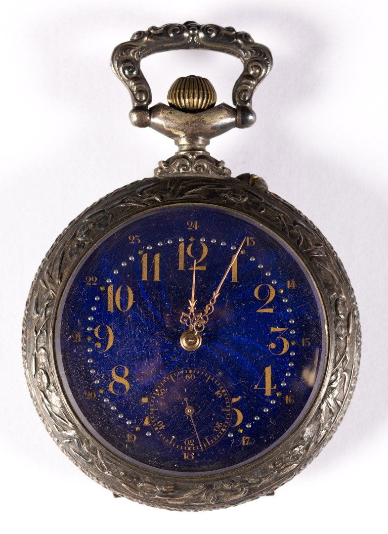 Continental Arabesque oversize watch: Continental open-face automobile watch, possibly Doxa, early 20th century, blue guilloche enamel face with separate second dial and gilt numerals in an argentan nickel alloy case modeled with a dragon