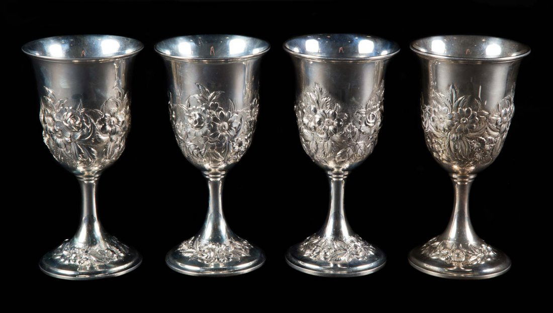 Set of 4 S. Kirk & Son repousse sterling goblets (1 of 3)