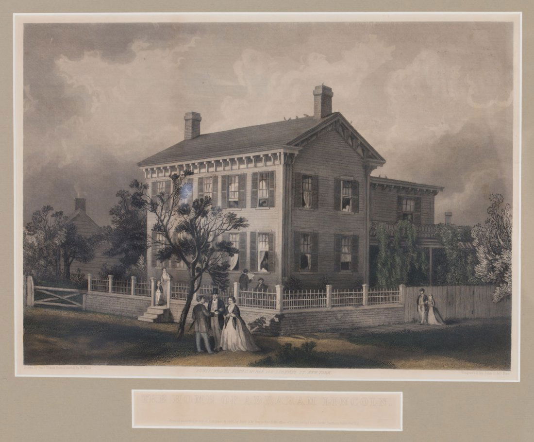 Print: Lincoln's home in Springfield, IL: "The Home of Abraham Lincoln," engraved by John McCrae after Paul Dixon and W. Waud, published by McCrae, New York, 1866; engraving, with very light hand coloring in the foreground, about 12 1/2 X 15