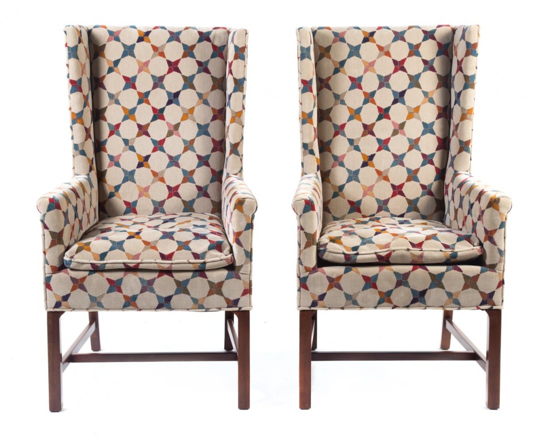 Pr. contemporary upholstered mahogany wing chairs (1 of 4)
