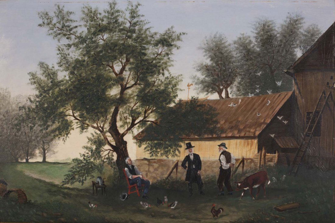 Sarah P. Foster. "Driving a Bargain," oil on board: Late 19th century copy after the original by Alfred Cornelius Howland. Oil on artist board, unsigned, attribution on verso, 12 x 18 1/2 in., framed