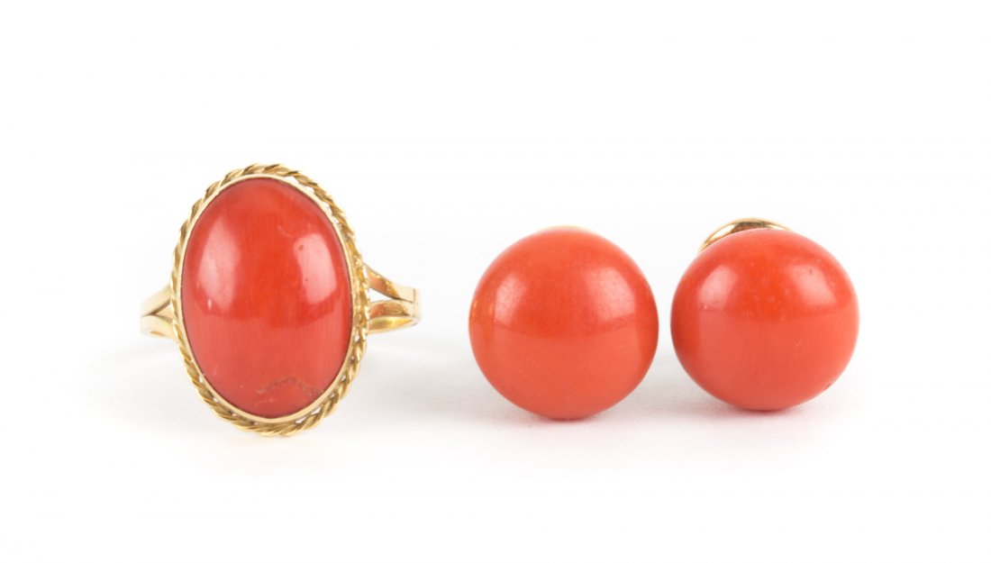 A Pair of Gold Coral Earrings and Matching Ring (1 of 6)