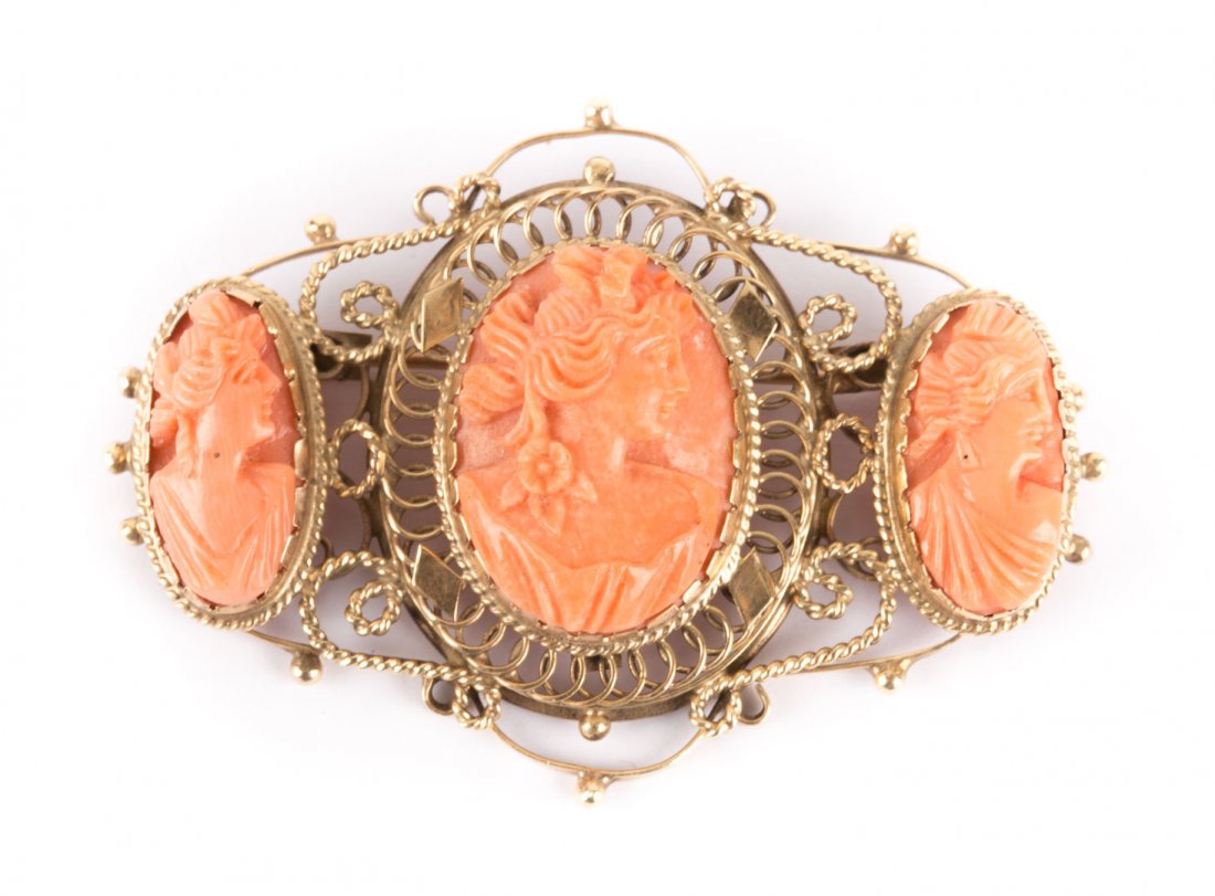 A Gold Hand Carved Coral Cameo Brooch (1 of 4)