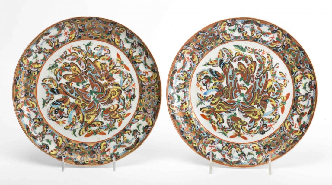 Pair of Chinese Export black butterfly plates (1 of 3)