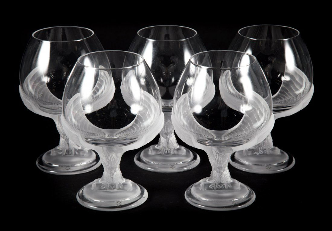 Five French crystal figural snifters: clear glass bowl with partially frosted crystal eagle stem, acid etched mark underneath, 6 in. H.