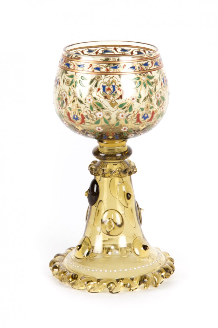 Moser enameled amber glass roemer: late 19th century; with elaborate enamel floral decoration and applied thorn rosettes, 6 1/2 in. H.