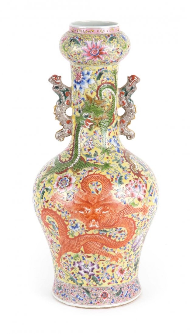 Chinese Famille Rose porcelain vase: yellow ground with dragon and floral decoration, dragon-form handles, with character mark, 17 in. H.