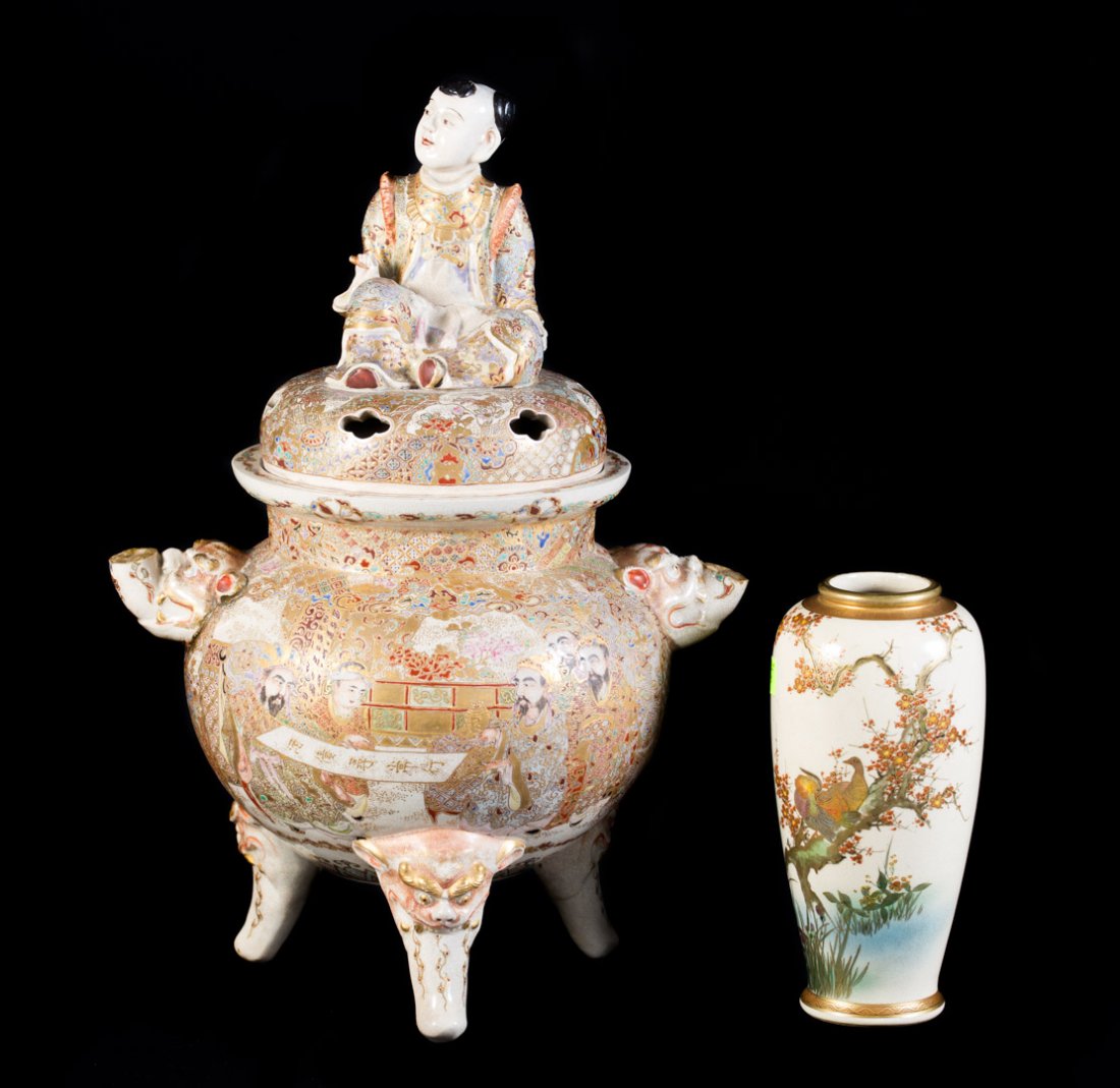 Japanese Satsuma earthenware censer and vase (1 of 5)