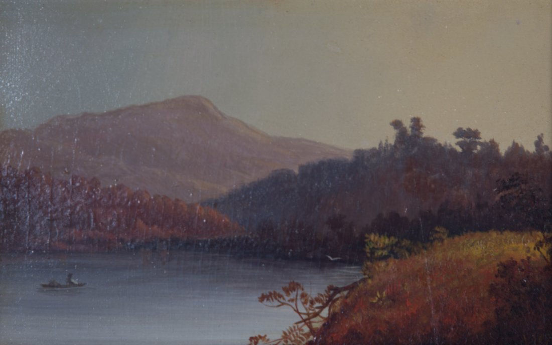 William Hart. "Lake George", oil: William McDougal Hart, NA. (Scottish/American, 1823-1894). Oil on board, verso: adhered label with artist and title, signed "WH" lr, 6 1/4 x 9 1/2 in., framed. From the collection of a notable Baltimo