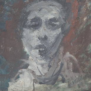 Jay Milder. Head of a Man, oil on canvas: (American, b. 1934). Signed and dated "J. Milder, '57" lr, 16 x 16 1/4 in., framed