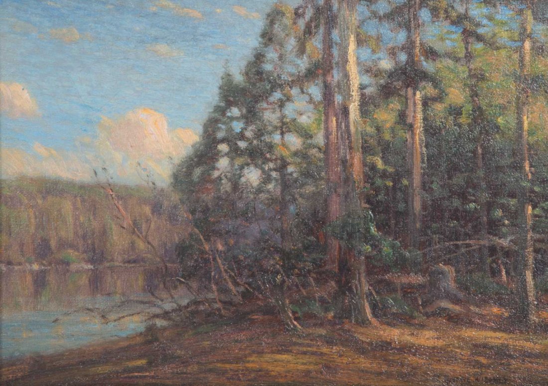 Gustave Wiegand. Forestscape by Stream, oil: Gustav Adolph Wiegand (German/American, 1870-1957). Oil on canvas, signed "Gustave Wiegand" lr, 10 x 14 in., framed