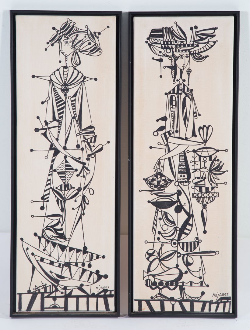 Jose Mijares. Pair of figural acrylics on canvas: JosÃ© MarÃ­a Mijares Fernandez (Cuban, 1921-2004). Each signed "Mijares" lr, 36 x 12 in., framed